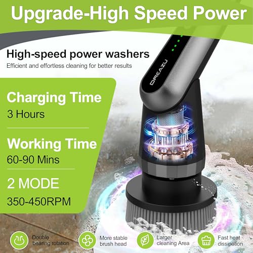 Dreazu Pro Electric Spin Scrubber, 10-in-1 Shower Scrubber & Retractable Long Handle, 44 lbs High-Torque & Variable Speed Shower Cleaning Brush for Bathroom,Toilet, Bathtub, Kitchen, Tile Floors, Car - color: Metalgray
