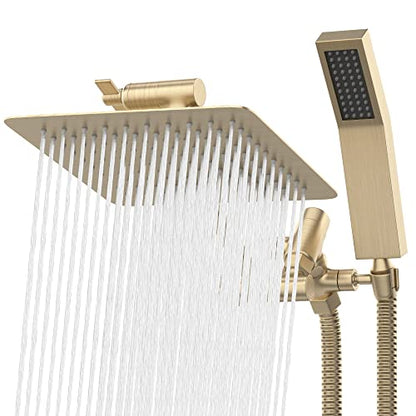 All Metal Shower Head 8" Dual Square Shower Head With Handheld Wand 71in Hose Set, High Pressure Rain Shower Heads Combo, 3-Way Diverter Rainfall Showerhead with Adjustable Extension Arm - color: Gold, size: 8 Inches, 2.5 GPM