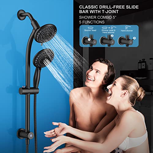 Handheld Showerhead & Rain Shower Combo for Easy Reach, 27.5" Drill-free Stainless Steel Slide Bar, 5”of 5-setting Handheld Shower and Showerhead, with 5ft Hose - Black - color: Black