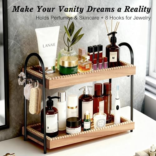 Bathroom Vanity Organizer Countertop 2-Tier Waterproof 20+ Bottles 8 Hooks | Tall space large perfume/skincare bottles, vanity/bathroom/dresser, paulownia wood, hooks keep jewelry neat, non-slip base - color: A-Large&Medium-Black & Light Brown