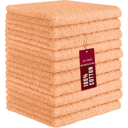 DecorRack 100% Cotton Washcloths 12x12 in, Peach (10 Pack) - color: Peach