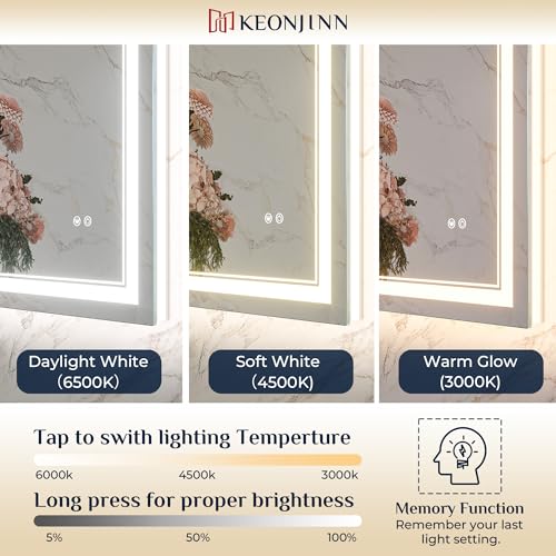 Keonjinn 28" x 36" Lighted Mirrors for Bathroom Wall, Safe Tempered Glass | Frontlit & Backlit, 3000K/4500K/6000K, Dimmable, Energy-Saving Power Driver, Anti-Fog, Smart LED Bathroom Mirror with Lights - size: 36"L x 28"W