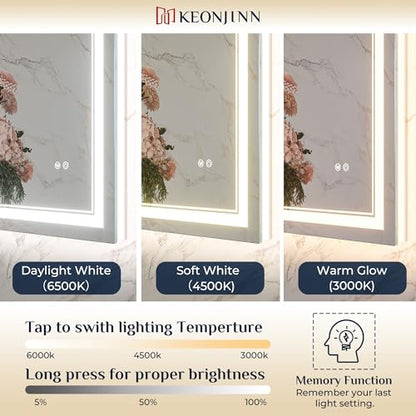 Keonjinn 72" x 36" Large Bathroom Mirror with Lights, Frontlit & Backlit | Safe HD Tempered Glass, 3000K/4500K/6000K, Dimmable, Auto-OFF Defogging, Memory Function, Smart Lighted Bathroom LED Mirror - size: 36"L x 72"W