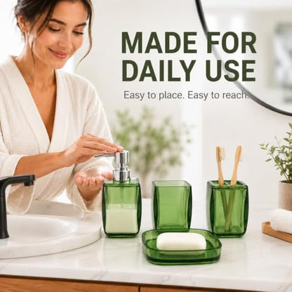 LGURT 4pc Green Acrylic Bathroom Set — Soap Dispenser & Divided Cup | soap dispenser, soap dish, cup & toothbrush cup. Green acrylic, gift-ready for housewarming, hotel, dorm or bath refresh. - color: Fresh Green