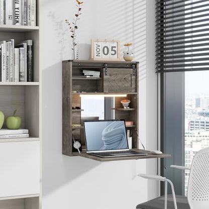 ARTETHYS Floating Vanity Desk with Mirror and Lights Small Wall Mounted Makeup Set with Storage Gray Farmhouse Dressing Table for Tiny Space - color: Grey