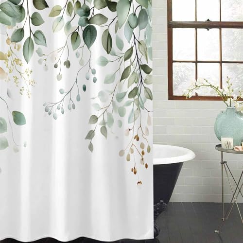 Waterproof Fabric Shower Curtain Green Eucalyptus Spring Botanical Leaves Shower Curtains for Bathroom, Quick-Drying, Machine Washable 72x72 Inch
