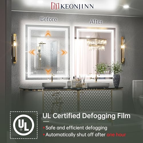 Keonjinn 30 x 36 Inch LED Bathroom Mirror with Lights, Frontlit and Backlit | HD Tempered Glass, Separately Frontlit/Backlit, Double Light Strips, Stepless 3 Colors Temperature & Dimmable, Fast Anti fog - size: 36"L x 30"W