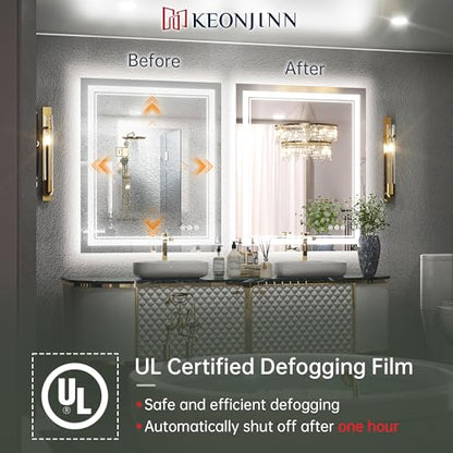 Keonjinn 30 x 36 Inch LED Bathroom Mirror with Lights, Frontlit and Backlit | HD Tempered Glass, Separately Frontlit/Backlit, Double Light Strips, Stepless 3 Colors Temperature & Dimmable, Fast Anti fog - size: 36"L x 30"W