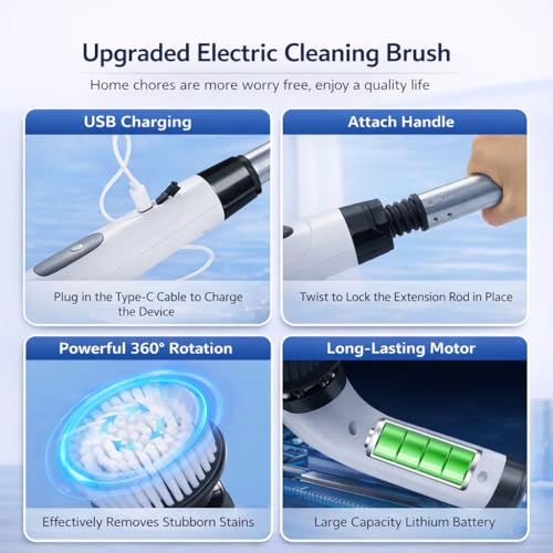 Premium Electric Bathroom Cleaning Brush, Waterproof Cordless Bathroom & Kitchen Cleaning Brush with Adjustable Handle & 9 Replaceable Heads – Powerful Deep Clean Tile, Grout, Tub, Window & Floor