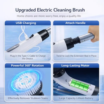 Premium Electric Bathroom Cleaning Brush, Waterproof Cordless Bathroom & Kitchen Cleaning Brush with Adjustable Handle & 9 Replaceable Heads – Powerful Deep Clean Tile, Grout, Tub, Window & Floor