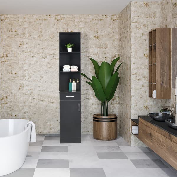 Bathroom Storage Cabinet MDF, Tall Narrow Floor Standing Tower Cabinet Organizer with Door and Open Shelves for Kitchen, Tall Linen Tower for Bathroom, Living Room, Laundry Room, Black 34 x 28 x 178CM