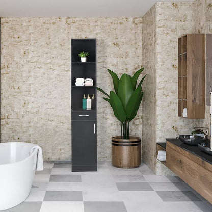 Bathroom Storage Cabinet MDF, Tall Narrow Floor Standing Tower Cabinet Organizer with Door and Open Shelves for Kitchen, Tall Linen Tower for Bathroom, Living Room, Laundry Room, Black 34 x 28 x 178CM