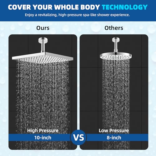 Hibbent cUPC Certified Metal High Pressure 10'' Rain Shower Head, Chrome | Square Large Bathroom Waterfall Thickness Shower Heads, High-flow Fixed Rainfall Showerheads, Adjustable Brass Ball Joint - color: Chrome, style: Square 10''