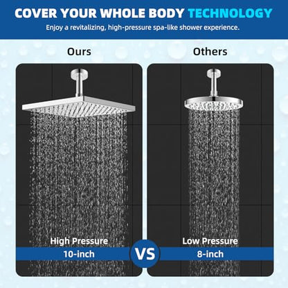 Hibbent cUPC Certified Metal High Pressure 10'' Rain Shower Head, Chrome | Square Large Bathroom Waterfall Thickness Shower Heads, High-flow Fixed Rainfall Showerheads, Adjustable Brass Ball Joint - color: Chrome, style: Square 10''