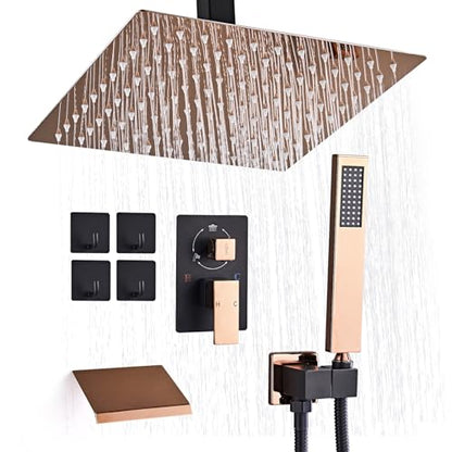 12 Inch Ceiling Mount Shower System Matte Black Gold Rain Mixer Shower Combo Set High Pressure Rainfall Shower Head System Bathroom Luxury Shower Faucet Set Rough-in Valve and Trim Included - color: Matte Black & Gold, style: 12 Inch-Update Valve