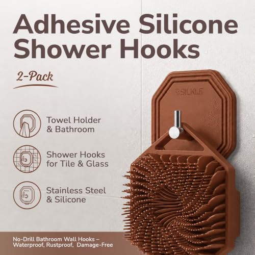 SILKLE Silicone Shower Hooks for Inside Shower, 2-Pack Adhesive Towel Hooks | Adhesive Shower Hooks, No Drill - Razor & Loofah Holders for Shower Wall, Heavy-Duty, Waterproof, Damage-Free - Brown - color: Brown