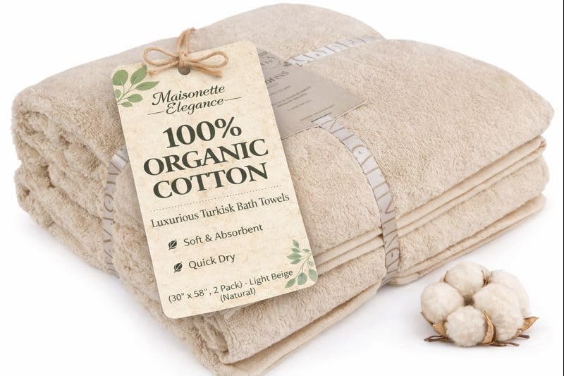 Maisonette Elegance 100% Organic Cotton Turkish Bath Towels, Soft & Absorbent, Ideal Quick Dry Large Luxury Bathroom Towel Set for Shower (30" x 58", 2 Pack) - Light Beige (Natural) - color: Natural, style: Bath Towel Set of 2 - 30 x 58