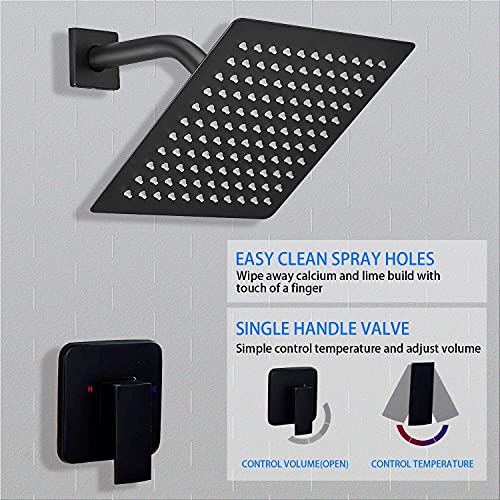 Black Shower Faucet GGStudy Single Function Shower Trim Kit with Rough-in Valve Shower Set Bath Rainfall Shower Faucet System 8inch Square Stainless Steel Metal Shower Head - color: Black, style: Square