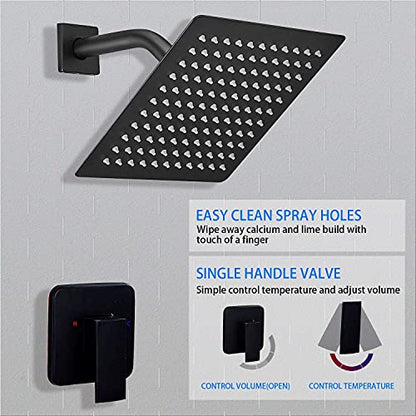 Black Shower Faucet GGStudy Single Function Shower Trim Kit with Rough-in Valve Shower Set Bath Rainfall Shower Faucet System 8inch Square Stainless Steel Metal Shower Head - color: Black, style: Square