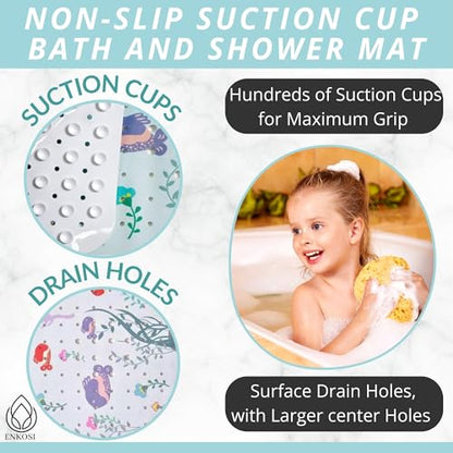 ENKOSI Non-Slip Bath & Shower Mat 40x16 Extra Long, Suction & Drain Holes | Fun aquarium print for kids; Durable PVC; 40x16 in, Aquarium Print - color: Aquarium Print