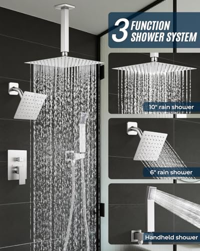 Rain Shower Faucet Set, 10" Top + 6" Side Head, Brushed Nickel | 3-head set w/ valve, SUS304 anti-freeze, 6 spray modes, self-clean nozzles - color: Brush Nickel, style: 10''-Ceiling Mount+6" Shower Head