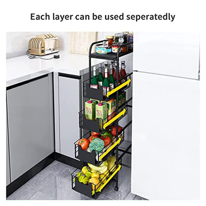 WHIFEA 5 Tier Slim Rolling Cart with Pull-Out Drawers, Multi-Layer Narrow Storage Shelf Organizer on Wheels, Metal Wire Baskets for Fruit, Dishes, Freestanding Unit for Kitchen, Bathroom, Home Office