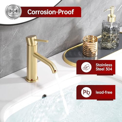 SUMERAIN Bathroom Sink Faucet Brushed Gold Single Handle Single Hole | Lead-Free, Stainless Steel, with Faucet Supply Lines, Easy DIY Install - color: Brushed Gold, size: Undermount Sink faucet