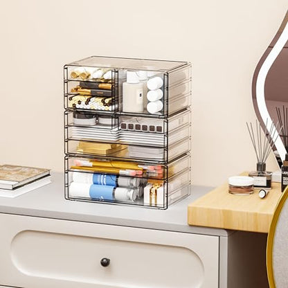 3 Pack Clear Storage Drawers With 10 Drawers,Stackable 11.1” Large Acrylic Drawer Organizer and Makeup Organizer For Vanity,Bathroom Countertop,Cabinet,Pantry,Office Supply Storage Bins Drawers - size: Large 10 Drawers