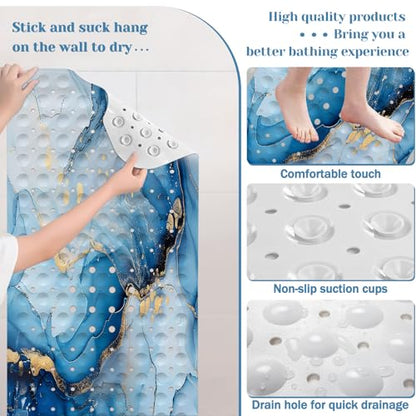 Marble Bath Tub Mat Non Slip, Blue Marble Non Slip Bath Mat for Shower, Large Washable Shower mats for Showers with Drain Holes and Suction Cups,40 X 16 Inch - color: Blue Marble