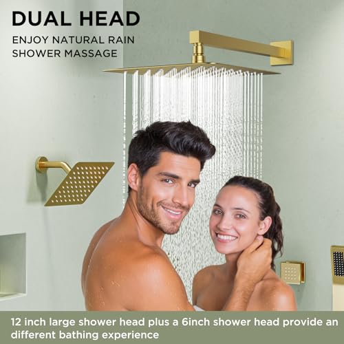 Shower Systems with 4 Body Spray Jets, STARBATH 4 Way 12+6" Rainfall Shower Head with Handheld Combo, Wall Mounted Shower Jets System in Wall Shower Faucet Sets Complete,Brushed Gold - color: Gold, size: 6"+12"-02