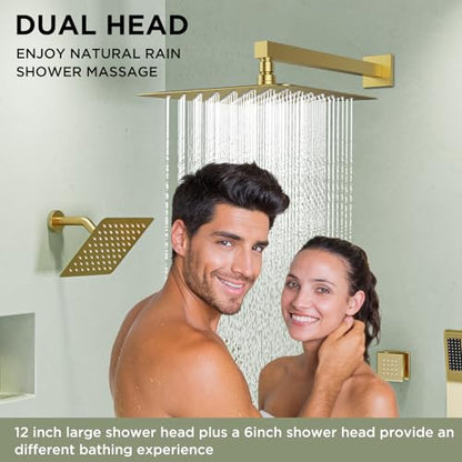 Shower Systems with 4 Body Spray Jets, STARBATH 4 Way 12+6" Rainfall Shower Head with Handheld Combo, Wall Mounted Shower Jets System in Wall Shower Faucet Sets Complete,Brushed Gold - color: Gold, size: 6"+12"-02