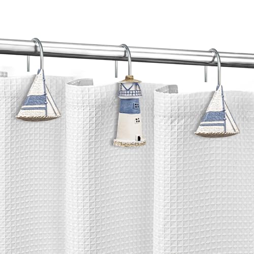 Sunlit Nautical Shower Curtain Hooks, Home Decorative Coastal Shower Curtain Rings for Bathroom, Resin, Ocean Shower Curtain Hanger Hooks for Living Room, Set of 12, Blue Lighthouse Sailboat - size: Sailboat & Lighthouse