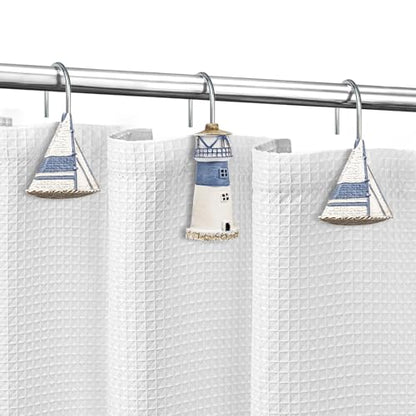 Sunlit Nautical Shower Curtain Hooks, Home Decorative Coastal Shower Curtain Rings for Bathroom, Resin, Ocean Shower Curtain Hanger Hooks for Living Room, Set of 12, Blue Lighthouse Sailboat - size: Sailboat & Lighthouse