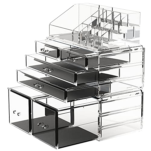READAEER Makeup Organizer 3 Pieces Cosmetic Storage Case with 6 Drawers (Clear) - color: Clear