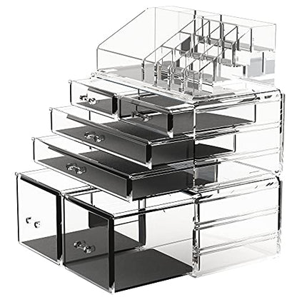READAEER Makeup Organizer 3 Pieces Cosmetic Storage Case with 6 Drawers (Clear) - color: Clear