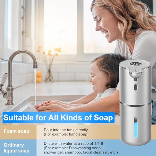 OHIFAST Automatic Foaming Soap Dispenser Touchless, USB Rechargeable Smart Hand Soap Dispenser, 6-Level Adjustable, 12.8oz/380mL Wall Mounted for Bathroom Kitchen Dish Soap-Silver - color: Silver, style: Foam