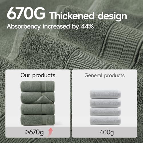 REDKISS Bath Towels 4-Pack, 100% Cotton, Thick Plush & Highly Absorbent, 27.5" x 55" for Shower, Spa & Home - color: Gray Green