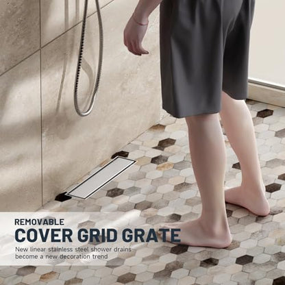 Linear Shower Drain 12 Inch Shower Trench Drain with Tile Insert Grate | Evolvegoods 304 Stainless Steel Bathroom Floor Drain,Rectangular Shower Drain with Leveling Feet,Hair Strainer,Brushed Nickel - size: 12 Inches