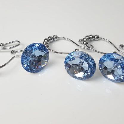 MAGICLULU Glide Double Hooks Shower Curtain Rings with Blue Rhinestone Decorative Crystal for Bathroom Secure Hold for Curtain and Liner Easy Swap Design