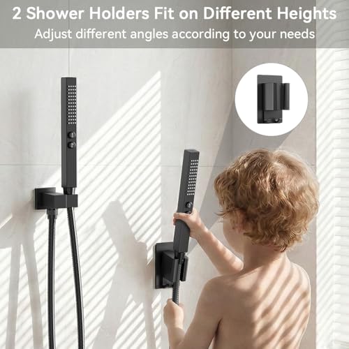 Shower Faucet Set, Wall Mount 12" Rain Shower System with Handheld and 6" Rainfall Shower Head, Can Use 2 Modes Together for Two People, 3 Way Shower Valve with 5 Diverter Complete, Matte Black - color: Matte Black, size: 6+12 inch-07