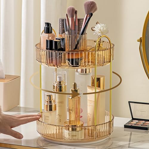 Aveniee 360 Rotating Makeup Organizer for Vanity, Upagraded Perfume Skincare Bathroom Counter Organizers with Brush Divider, Two Tier Spinning Lipstick CosmeticLotion Storage,Gold - color: Amber Gold, size: New-2 Tier
