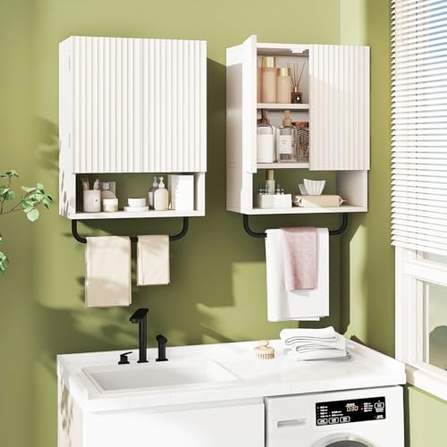 IBUYKE Bathroom Wall Cabinet Over Toilet Cabinet for Bathroom UWBS003W | with Doors and Adjustable Shelf, Towel Bar, Wall Mounted, for Laundry Room & Living Room Kitchen, White,Modern - color: White