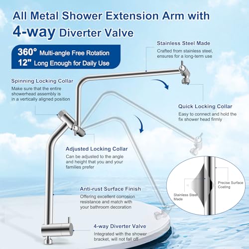 Metal 12" Rain Showerhead with 10-Spray Handheld, Easy Reach 4-way Diverter | NSF/ANSI/CAN 372 Certified, Chrome, High Pressure Shower Head with Pause Mode, 71" Stainless Steel Hose/12" Extension Arm - color: Chrome, style: Square 12"