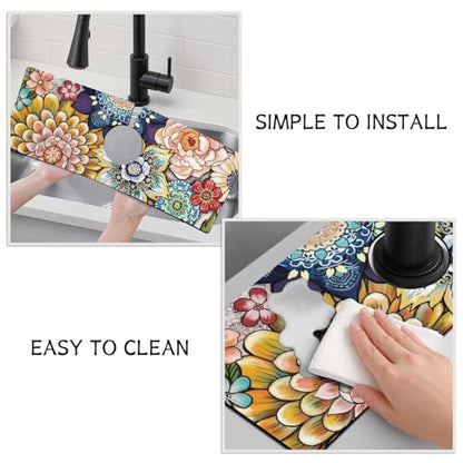 Boho Colorful Mandala Flower Kitchen Sink Splash Guard Faucet Mat,Faucet Non-Slip Absorbent Mat,Farmhouse Sink Splash Guard Behind Faucet for Kitchen Bathroom, 15"x5.5" - color: Drying Faucet Mat 2