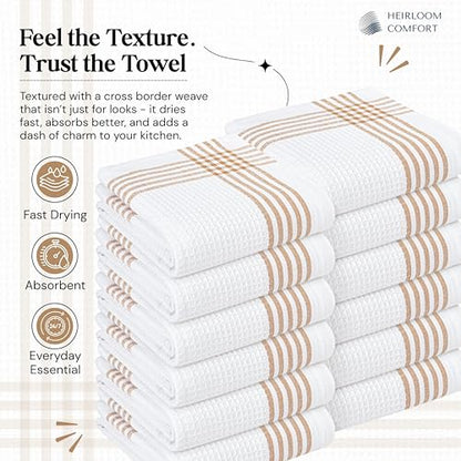 Brown and White Cotton Kitchen Towels 12 Pack, Waffle Weave, 16x26 Inch, Super Absorbent, Reversible, Quick Dry Dishcloths for Drying Dishes, Cleaning, Reusable, Everyday Use - color: Brown, White, style: 12 Pack