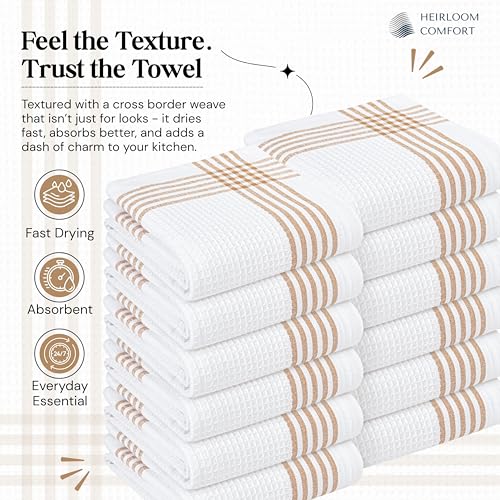 Brown and White Cotton Kitchen Towels 5 Pack, Waffle Weave, 16x26 Inch, Super Absorbent, Reversible, Quick Dry Dishcloths for Drying Dishes, Cleaning, Reusable, Everyday Use - color: Brown, White, style: 5 Pack