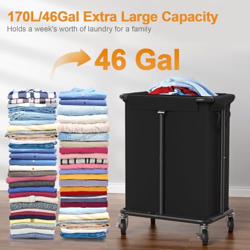 Hodonas Laundry Basket with Wheels, Rolling Laundry Hamper, 46 Gallons (170L), Removable and Machine Washable Liner, Steel Frame, Large Laundry Cart for Laundry Room, Bedroom, Bathroom, Dorm - Black - color: Black