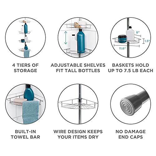 Zenna Home Tension Pole Shower Caddy, Adjustable Corner Shower Storage System with 4 Baskets and Built in Towel Bar, Rust-Resistant Bathroom Organization Solution, 60 to 97 Inch, Chrome