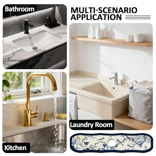 2 Pcs Irregular Shape Kitchen Sink Splash Guard Faucet Mat Flower and Bird Painting Pattern Faucet Mat for Sinks Chinese Style Absorbing Drying Mats for Kitchen Bathroom, 23.6x5.5inch - color: Flower and Bird
