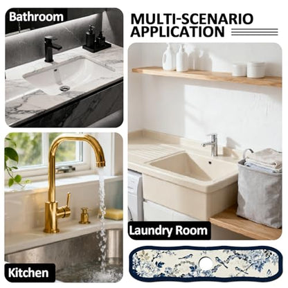2 Pcs Irregular Shape Kitchen Sink Splash Guard Faucet Mat Flower and Bird Painting Pattern Faucet Mat for Sinks Chinese Style Absorbing Drying Mats for Kitchen Bathroom, 23.6x5.5inch - color: Flower and Bird